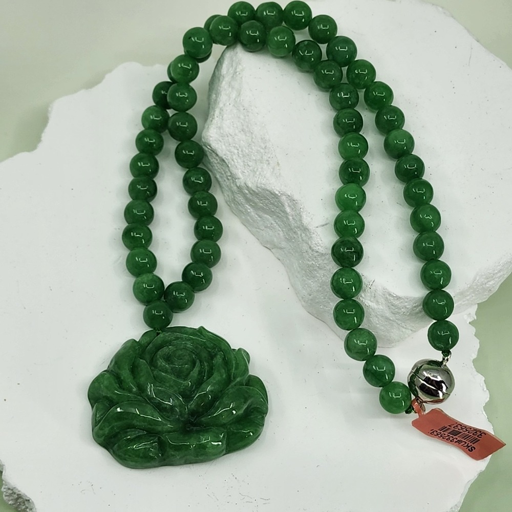 Faux Jade Beaded Necklace Carved Rose Flower Pendant Green Stone Statement